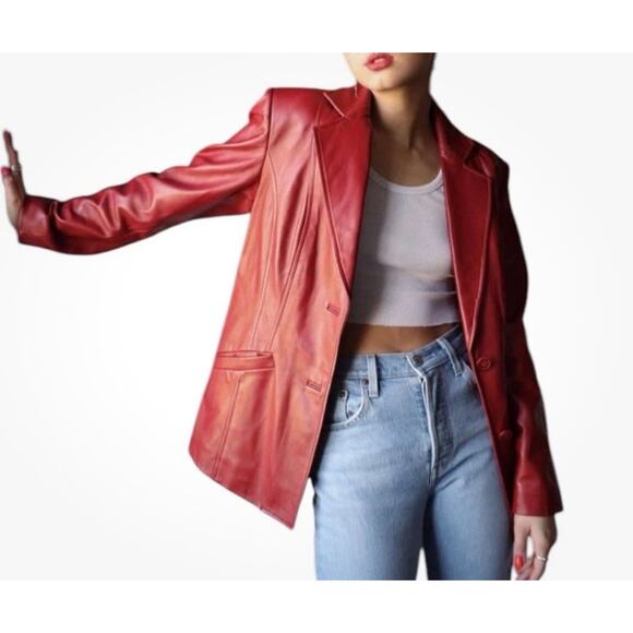 Preston & York PL Red Lamb Skin Leather Jacket 2 Button Leather Blazer - Picture 1 of 5